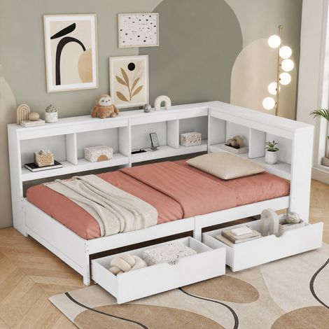 Cama diván 90x200 cm de madera blanca con almacenaje, sin colchón FloraGrace (1/5)