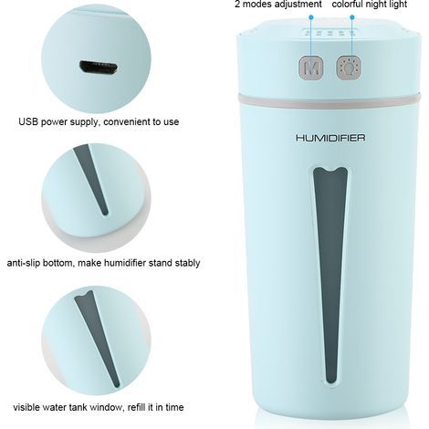 Becherförmiger USB-Luftbefeuchter mit mehrfarbiger LED-Beleuchtung für Büro, Auto und Zuhause (Blau) (1/5)