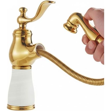 Single-hole basin mixer tap with pull-out spray and single handle – White and brushed gold, deck-mounted