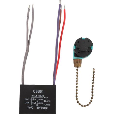 Universeller 5-adriger Kettenschalter CBB61 und Kondensator (4,5 µF, 6 µF, 5 µF) für 3-stufige Deckenventilatoren mit Lichtsteuerung, ABS, 48-mm-Ersatzset (1/5)