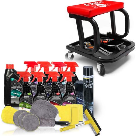 Tabouret de garagiste BMTOOLS avec Plateau Outils de Rangement, Rembourré et Kit Nettoyage Auto Complet 21 Pièces Neutre DUNLOP (1/5)