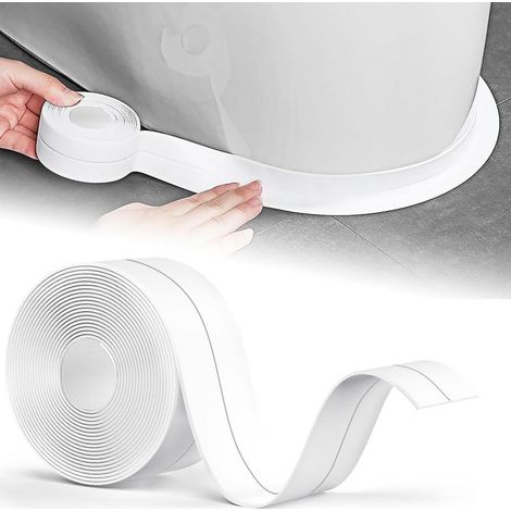 Mastic silicone blanc pour salles de bains, joint de baignoire 5 m x 38 mm, ruban d'étanchéité, résistant aux moisissures et imperméable, auto-adhésif, flexible, convient pour les plinthes, la (1/5)