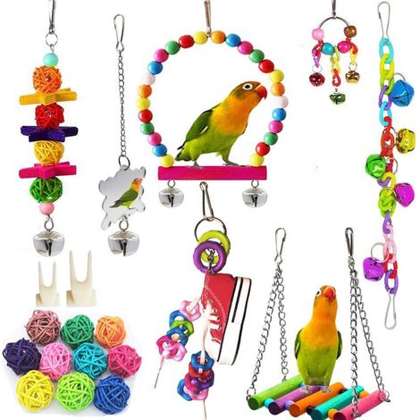 Jouets pour Oiseaux, 10 Pièces Jouet Perroquet, Jouets à Mâcher à Suspendre, Accessoire de Cage à Oiseaux, Balançoire, Échelle, Sepak Takraw, Cloches, pour Perroquet, Inséparables, Pinsons