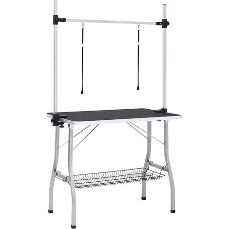 Tavolo da Toeletta Pieghevole per Cani e Gatti 90x60x76 cm, Altezza Regolabile, Superficie Antiscivolo Nera (1/5)