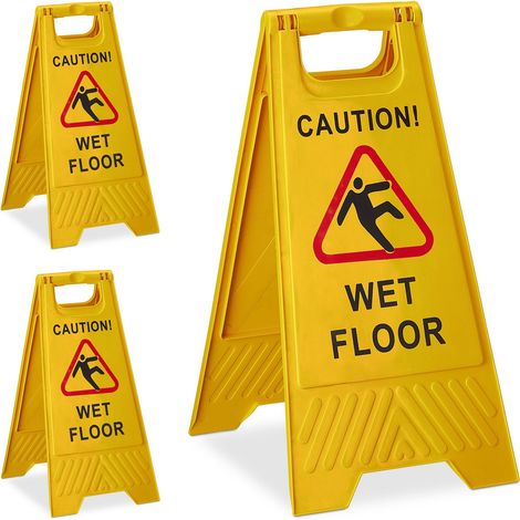 3x Cartello Avvertimento Anti-Scivolo, in Inglese Segnale Pieghevole Caution Wet Floor, Scritta su 2 Lati, Giallo