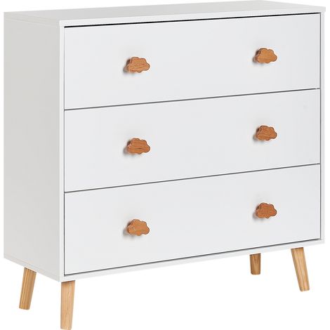 Cómoda 3 Cajones MDF Madera de Pino Patas Asas en Forma de Nube Habitación Infantil Almacenaje Blanco Cloudy