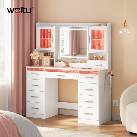 WOLTU Dressing Table with Mirror and RGB Lights, Three lights mode Vanity Table, Makeup Desk with 9 Drawers 2 Doors 107x40x140cm, White (1/5)