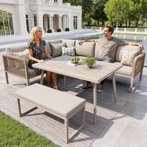 Salon de jardin en rotin PE pour 6-8 places - canapé d'angle - banc - en fer galvanisé - Beige (1/5)