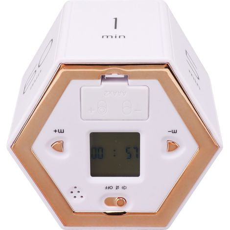 Minuteur hexagonal à bascule avec alarme silencieuse, cube magnétique de gestion du temps avec écran LCD, idéal pour la cuisine, les études et le travail (blanc). (1/5)