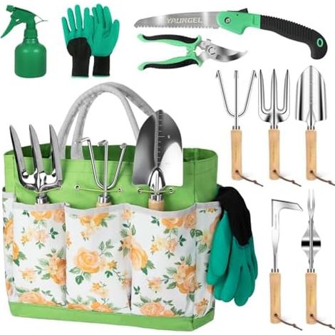 YAUNGEL Gartenwerkzeug Set, 10 Stück Schwerlast Edelstahl Gartenarbeit Kit, Gartengeräte Set mit Non-Slip Holzgriff- Garten Geschenke Verpackung für Frauen Männer