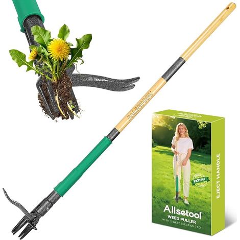 Manual Weed Killer with 2 Weed Ejectors, 1.1 m Dandelion Puller, Bamboo Handle, 4 Metal Claws and Pedal, Weeding Tools for Garden
