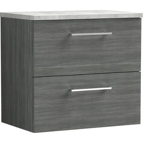 Nuie Arno Wall Hung 2-Drawer Vanity Unit with Bellato Grey Worktop 600mm Wide - Anthracite Woodgrain (1/5)