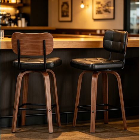 Lot de 2 tabourets de bar pivotants noirs et noyer foncé, avec dossier courbé en bois (1/5)