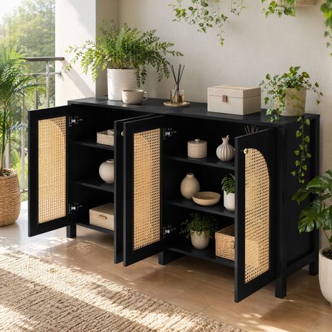 FLORAGRACE Buffet 4 portes 145 x 40 x 80 cm en MDF noir, meuble de rangement moderne minimaliste pour salle à manger (1/5)
