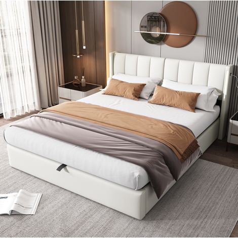 Cama moderna 140x200 cm blanca en PU, con almacenaje inferior, LED con mando, USB recargable y cabecero regulable (1/5)