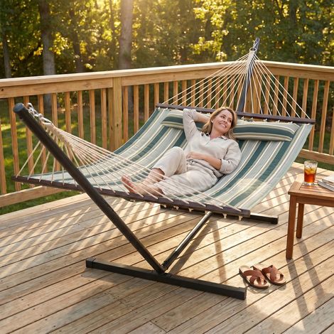 Hamac sur pied 353 cm, hamac avec support acier avec coussin amovible et barres d'écartement, vert