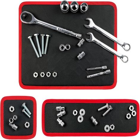 Tapis magnétique pour outils lot de 3 tailles en simili-cuir bord rouge, support magnétique flexible pour vis boulons et clés mécanique (1/5)