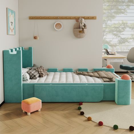 Lit enfant en velours français bleu canard, lit coffre avec tiroir de rangement, sommier à lattes, design château, barrière de protection douce, rangement latéral rabattable, 90x200 cm (1/5)