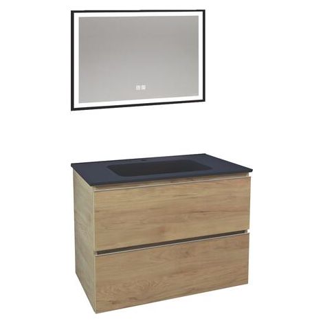 ONDEE - Mueble de baño TRENDY - 80 cm - Madera - 2 Cajones - Tapa Negra + Espejo SELENA