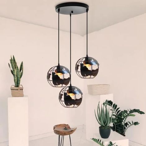 U-do 3 Têtes Lustre suspendue industrielle globe- Pendentif en métal - Noir (1/4)