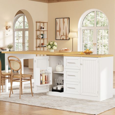 Isla de cocina multifuncional con mesa extensible, encimera transformable, paneles ajustables 360°, estante para snacks, cierre magnético y gran cajón (1/5)