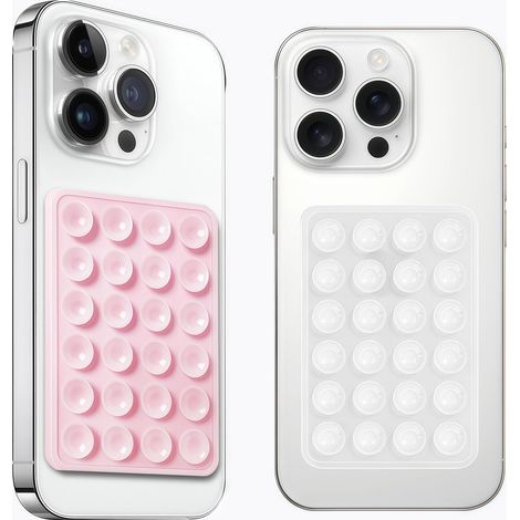 Lot de 2 Supports de téléphone à Ventouse en Silicone, adhésif en Silicone antidérapant pour téléphone Portable, Support Solide pour Selfies et vidéos (Rose Clair et translucide) (1/5)