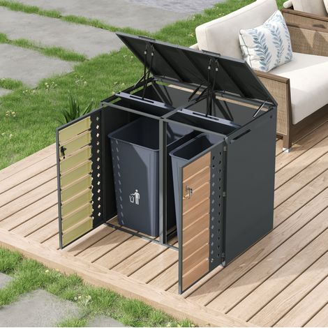 Cache-poubelles 132x80x118,5 cm acier galvanisé gris, 2 compartiments pour jardin – MEUBLIV (1/5)