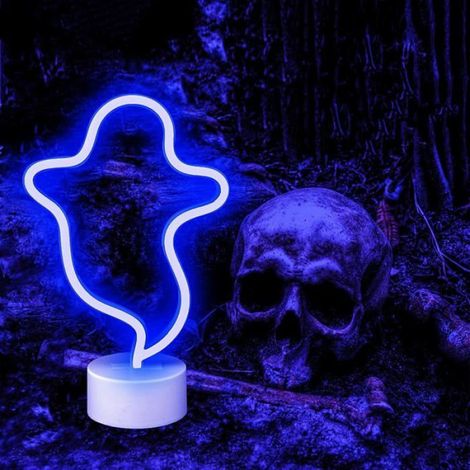 Lampe néon LED en forme de Fantôme avec support - Batterie/USB- Décoration murale pour Noël fête Bleu Fantôme bleu REFLECTEUR (1/5)