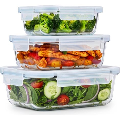 Récipients Alimentaires en Verre - Boîte Rangement 3 Pièces - Lunch Box Convient aux Hermétique Micro Onde, Congélateur, Four et Lave-Vaisselle - 370, 640, 1050 ml (1/5)