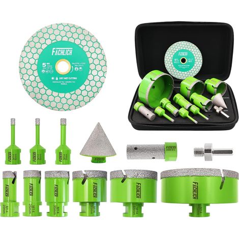 Scie Cloche Diamant Foret Carrelage Jeu de Mèches Diamantées 13 pcs 6-110mm+20mm Fraise à Doigt+50mm Chanfrein+Adaptateur+125mm Disque de Coupe M14 Filetage Pour Céramique Marbre etc (1/5)