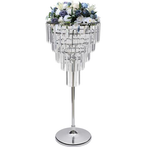 Support à fleurs de mariage en métal galvanisation, avec pendentifs cristal à 5 niveaux, centre de table présentoir décoratif pour banquet, fête, événement et réception (71 cm hauteur, argent, base ro (1/5)