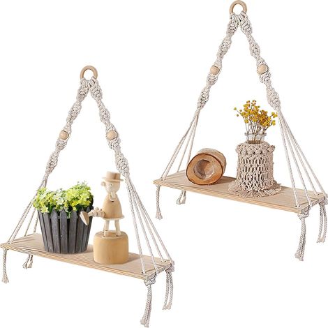 Etagere Murale en Bois Macramé Boheme Etagere Suspendue Corde Étagère Murale Flottantes pour Salon, Chambre à Coucher, Chambre d'enfant, Balcon (1/5)