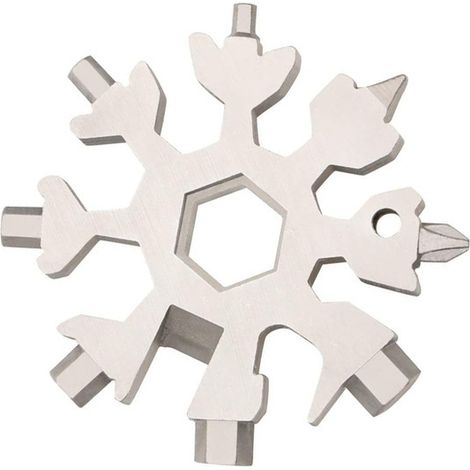 Clé multifonction 18 en 1 en forme de flocon de neige, outil de réparation portable en alliage, forme octogonale, incluant clé à main, tournevis et ouvre-bouteille, 6,2 x 6,2 cm, couleur argent. (1/5)
