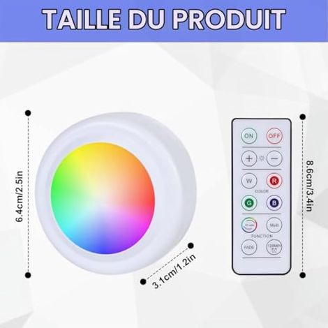 Spot LED RVB à piles avec télécommande, 16 changements de couleur, éclairage d'armoire, éclairage sous meuble à intensité variable, lampe tactile LED sans fil, minuterie et fonction mémoire, spot LED (1/3)