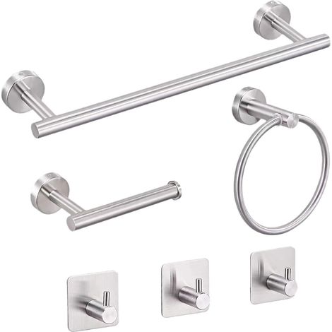 Ensemble de 6 accessoires de salle de bain : barre porte-serviettes, anneau porte-serviettes, porte-papier toilette à 3 crochets, acier inoxydable, fixation murale, crochets de suspension. (1/5)