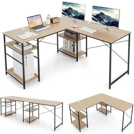 GOPLUS Bureau en Forme de L en Bois avec Étagères de Rangement, Bureau d'Ordinateur de Jeu, Poste de Travail à Domicile, Naturel