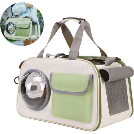 Sac Transport Chat Chien, Respirant et Pliable, avec fenêtre d'observation, Laisse de Sécurité Intérieure, Vert, pour sortie voyage (1/4)