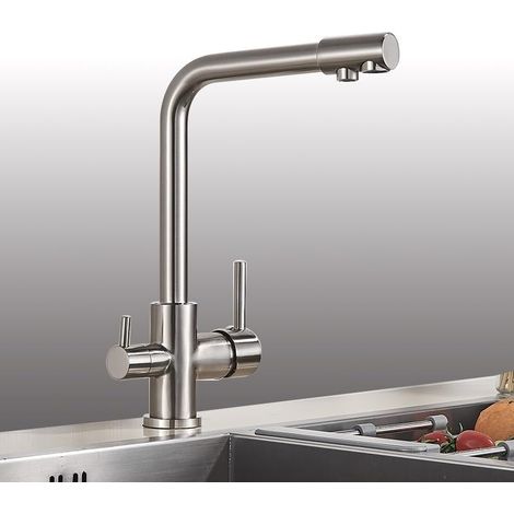 Robinet de cuisine Robinet de cuisine à filtre en Nickel brossé, robinet de cuisine à eau potable, mélanur d'eau chaude et froide à 3 voies monté sur le pont à deux poignées(Matte Black) (1/5)