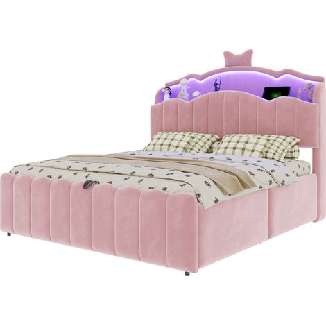 Letto Bambini 140 x 200 cm in Velluto, Contenitore, USB, USB-C e LED, senza Materasso, Rosa (1/5)