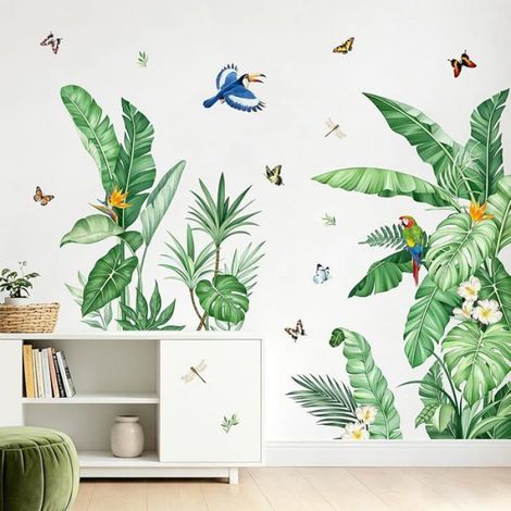 Sticker Mural Feuilles Tropicales - Vinyle Autocollant Amovible - Pour Murs Salons Chambres Bureau - 2 Pièces 29 x 90 cm (1/5)
