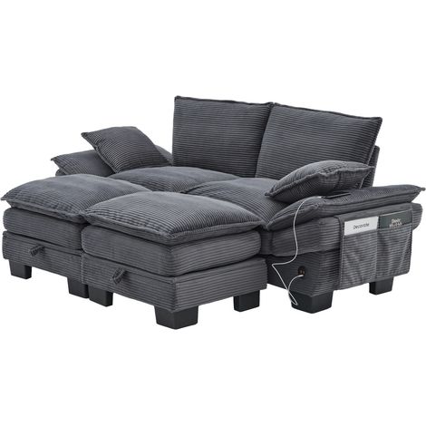 Canapé modulaire 2 places en velours côtelé (avec 2 poufs) – assise large, design ergonomique, rembourrage en mousse haute densité, port USB-C et poches latérales. Idéal pour le salon, le bureau ou un (1/5)