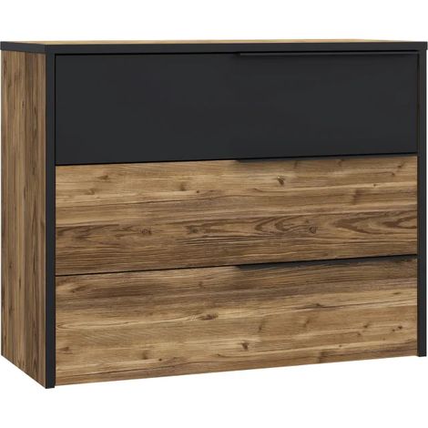Commode 3 tiroirs H. 80 cm décor bois d'épicéa et noir mat - CELIA (1/5)