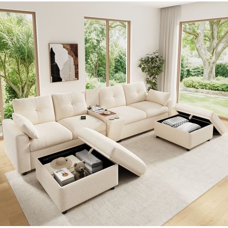 Divano angolare modulare 316×140×84,5 cm in ciniglia beige con contenitori – MEUBLIV (1/5)