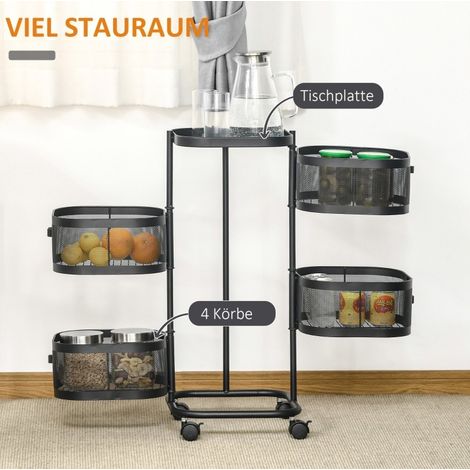 Carro auxiliar giratorio de 4 niveles con ruedas y estante superior 33x33x77 cm negro (1/5)