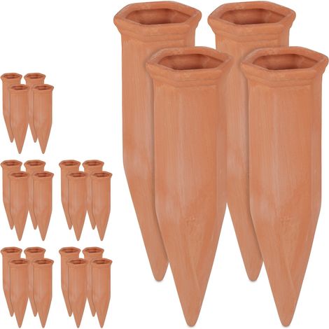 Relaxdays Clay Watering Cones, Set of 24, Plant Irrigation Kit, 1.5 L Bottles, 17 x 5.5 x 5 cm, Terracotta