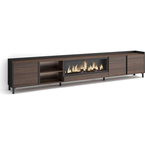 Mueble TV Bobadilla-02 de 315x61x35 cm con chimenea y luces LED, diseño industrial, color roble oscuro y negro (1/4)