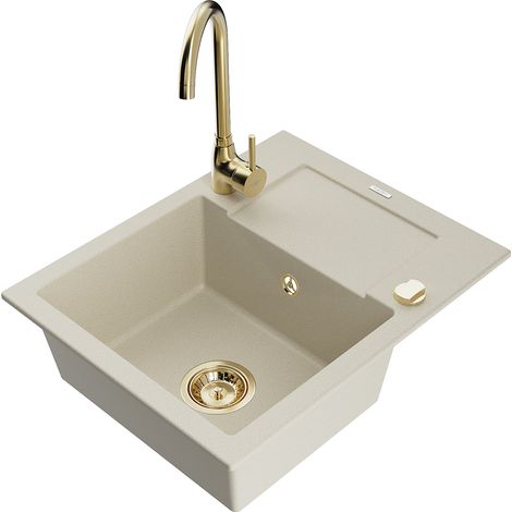 Mexen Enzo fregadero de granito de 1 cubeta con escurridor y grifo de cocina Telma, beige - 6506-69-670200-50 (1/5)