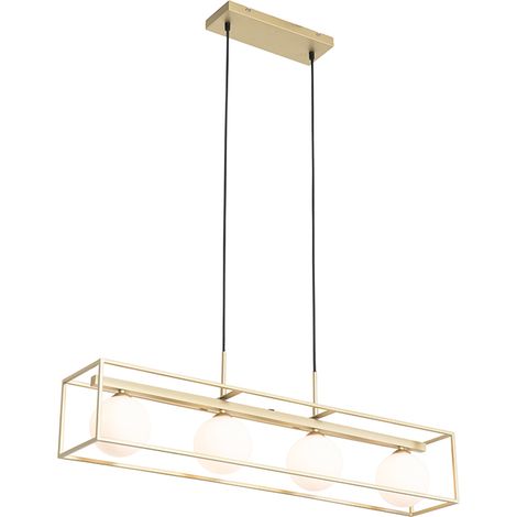 QAZQA Diseño Lámpara colgante de diseño dorada con cristal blanco 4 luces - Aniek Acero Alargada Adecuado para LED Max. 4 x 40 Watt (1/4)