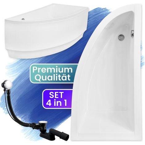 Badewanne Eckbadewanne 140x70 Rechts mit AcrylSchürze, Ablaufgarnitur & Füßen GRATIS - Komplettset 4in1 Original Acryl Wanne Siphon - BADLAND PRAKTIKA