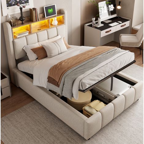 Cama tapizada 90x200 cm con LED, USB y arcón hidráulico, beige (1/5)